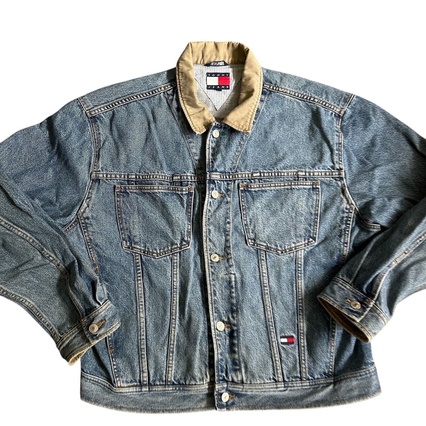 Vintage Tommy Hilfiger Jean Jacket Denim Raised Logo Back Mens Large 90s