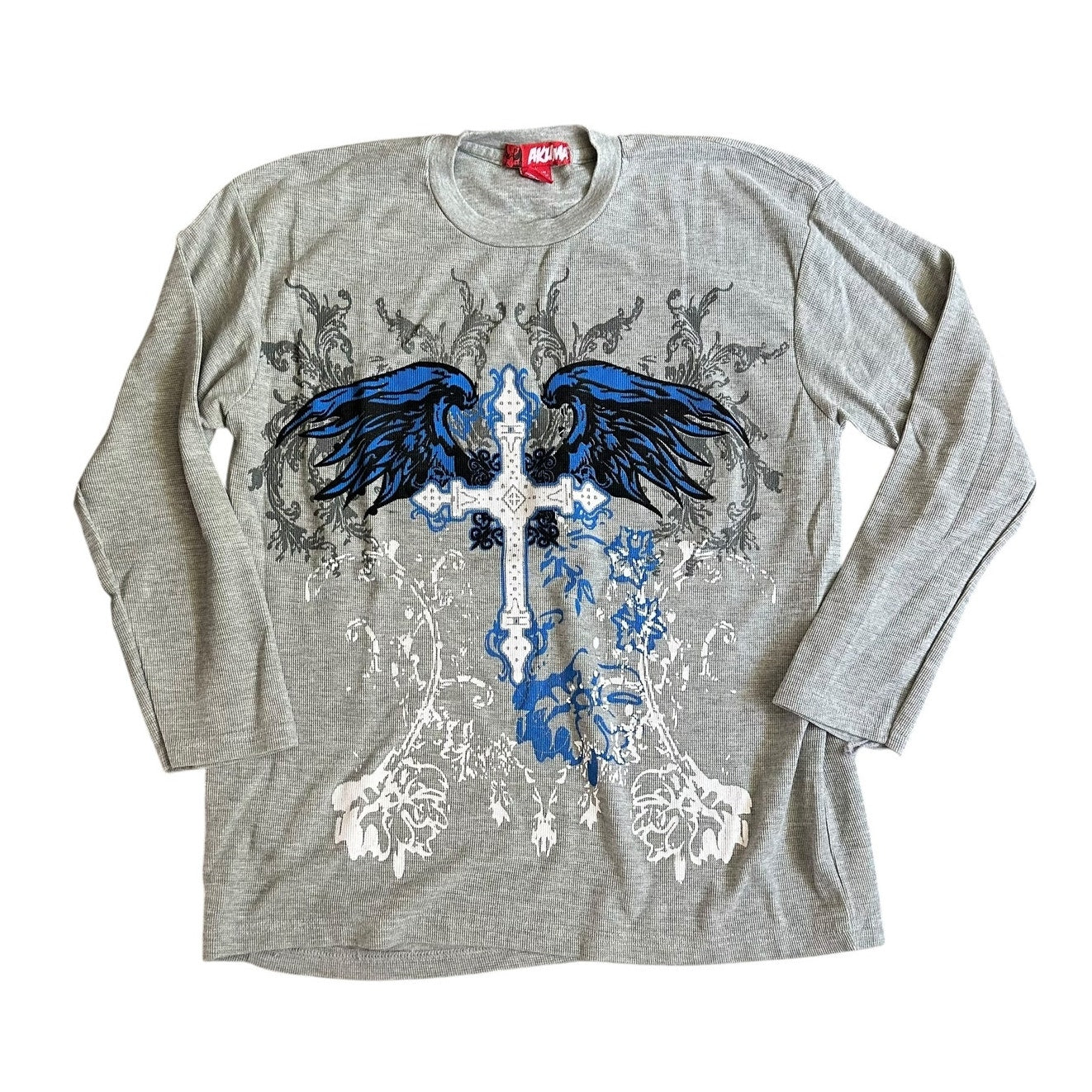 Akuma y2k 2000s Cross Wings Gray Thermal Sweater Mens Large