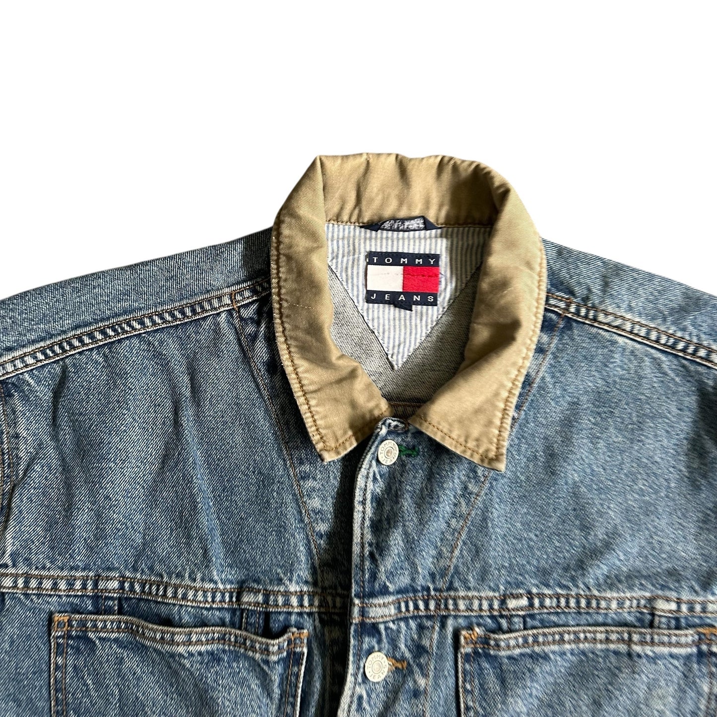 Vintage Tommy Hilfiger Jean Jacket Denim Raised Logo Back Mens Large 90s