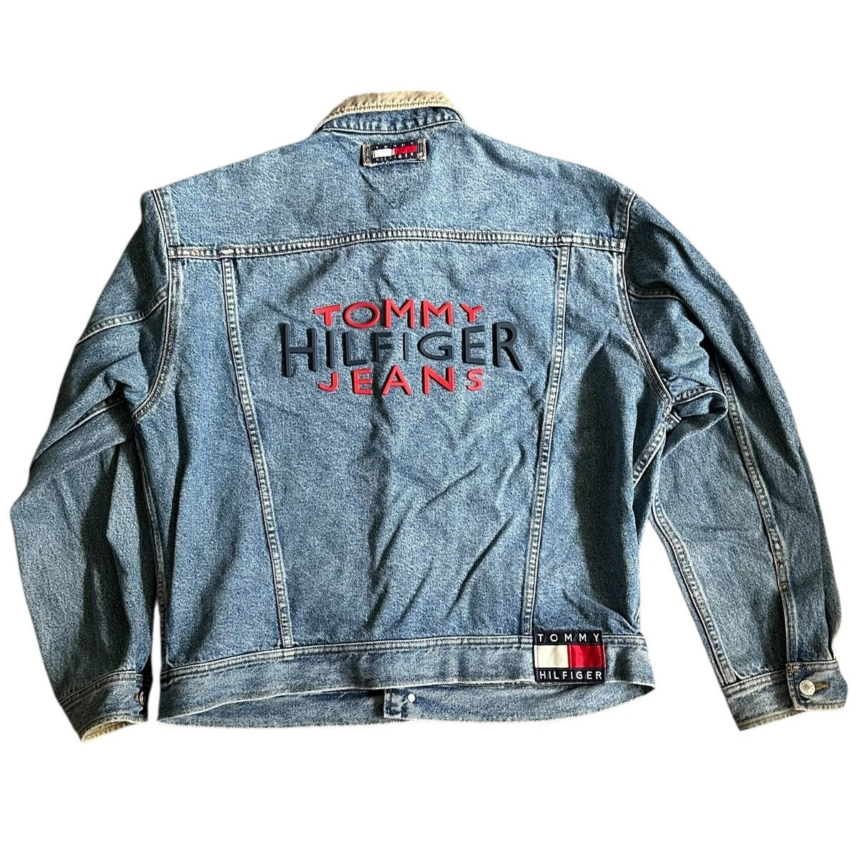 Vintage Tommy Hilfiger Jean Jacket Denim Raised Logo Back Mens Large 90s