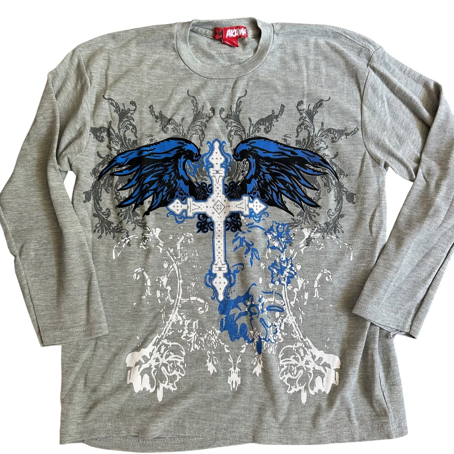 Akuma y2k 2000s Cross Wings Gray Thermal Sweater Mens Large