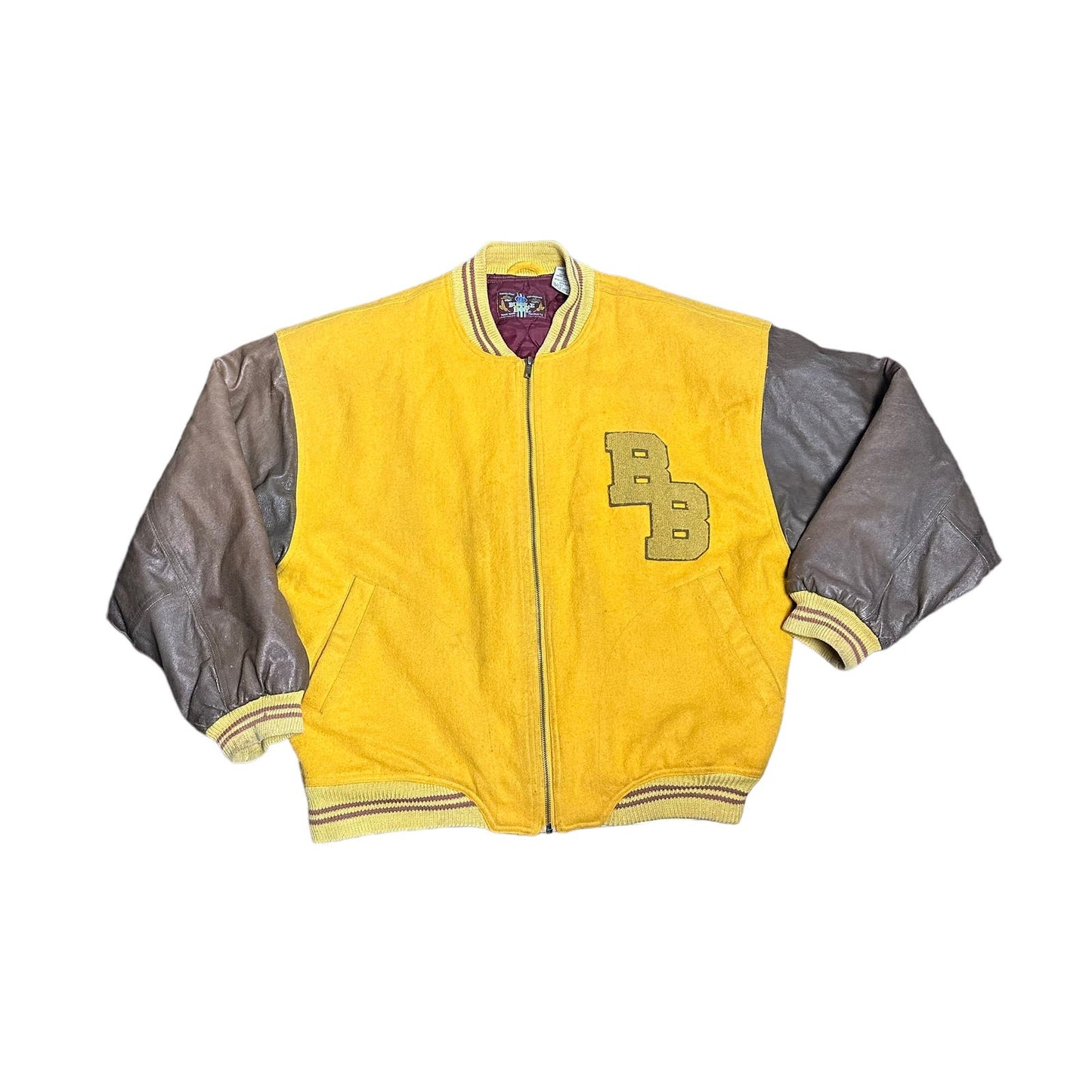 Vintage BugleBoy Yellow Leather Sleeve Letterman Jacket BB Mens Small