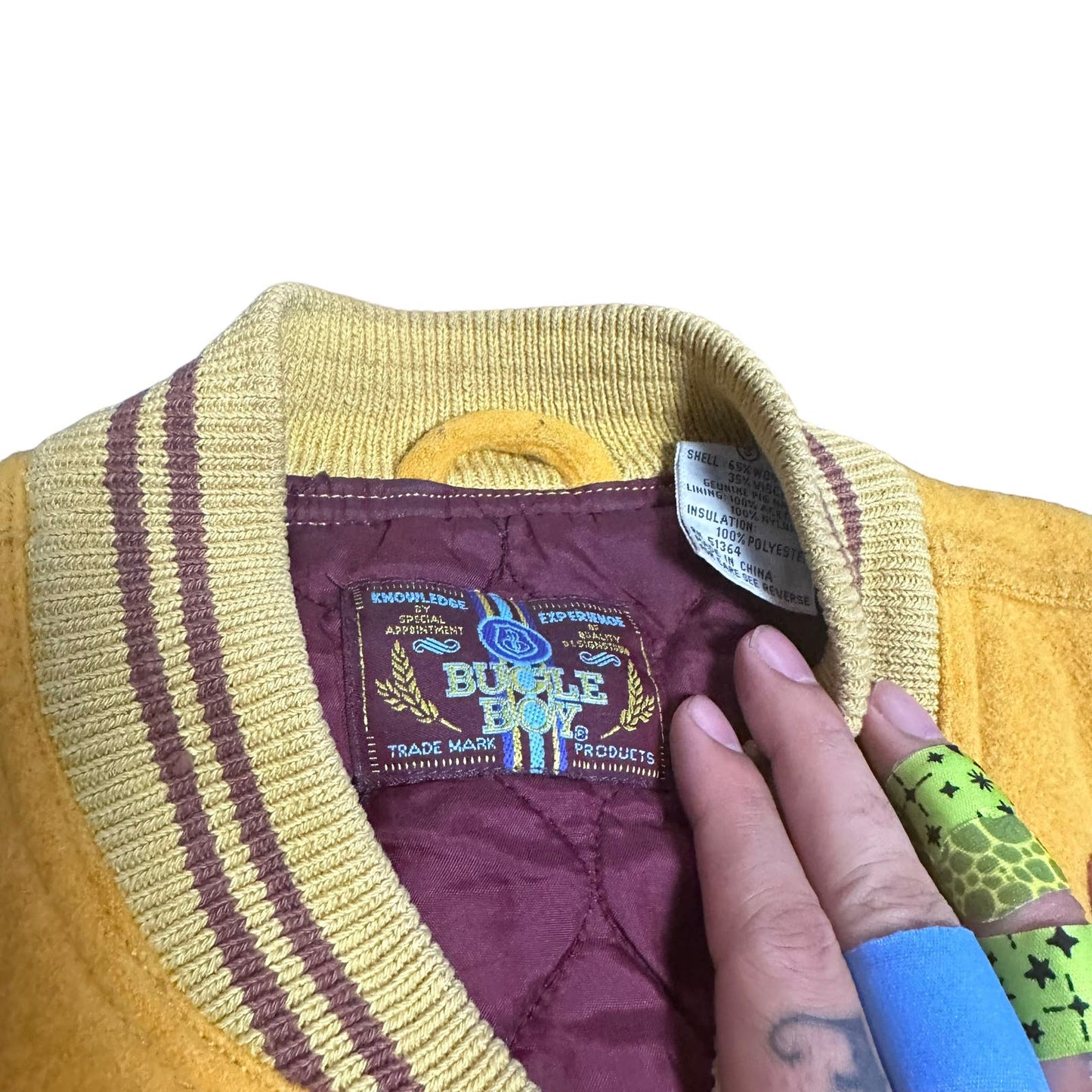 Vintage BugleBoy Yellow Leather Sleeve Letterman Jacket BB Mens Small