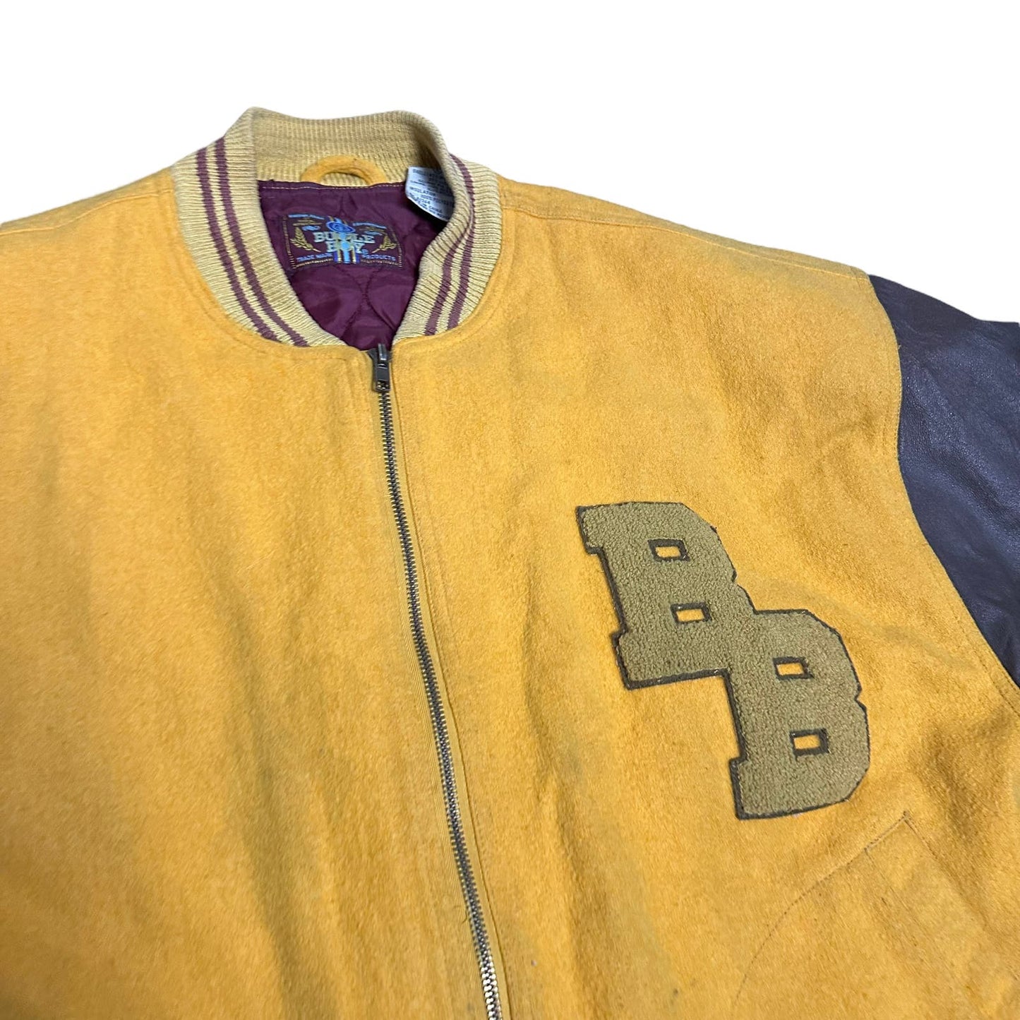Vintage BugleBoy Yellow Leather Sleeve Letterman Jacket BB Mens Small
