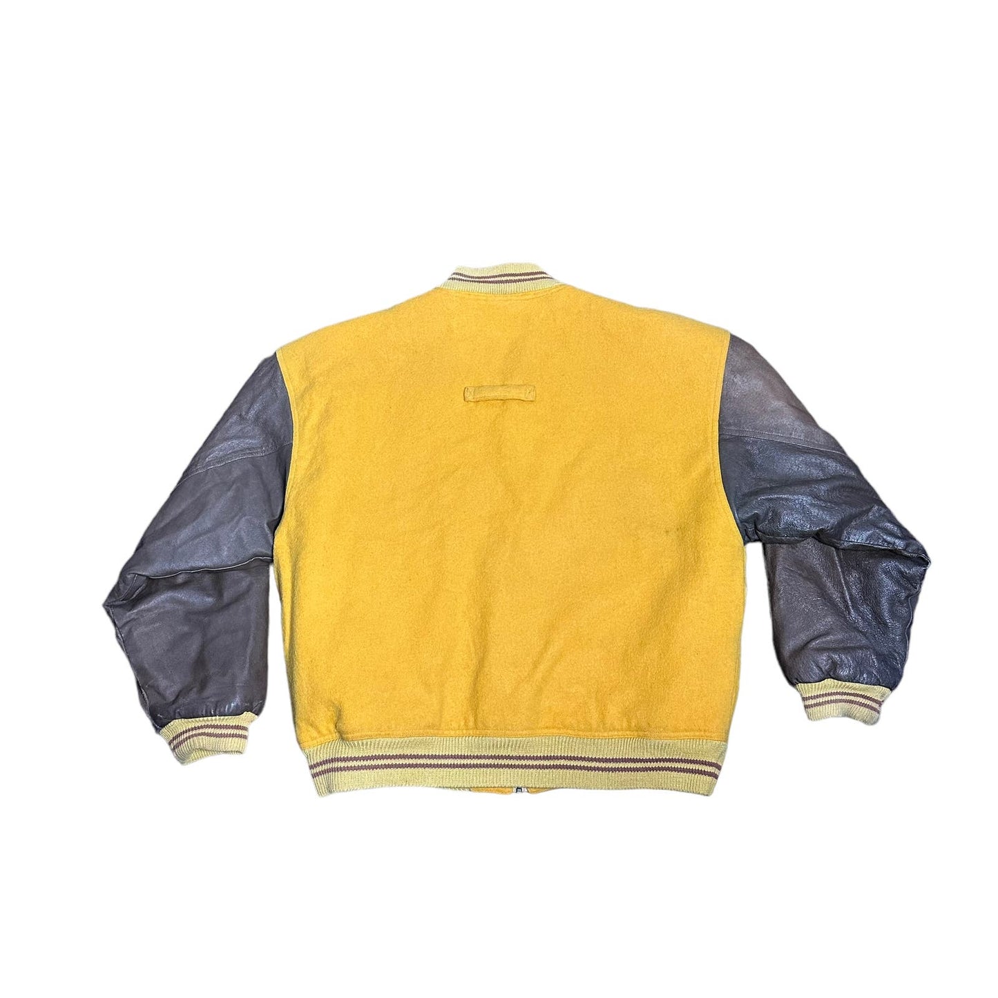 Vintage BugleBoy Yellow Leather Sleeve Letterman Jacket BB Mens Small