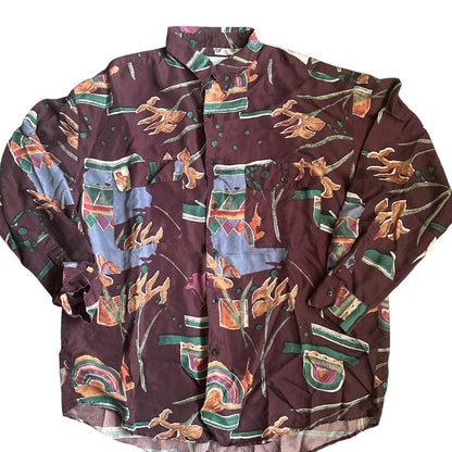 GOOUCH Vintage SILK Puce Button Down Shirt Abstract Print Long Sleeve 90s XL