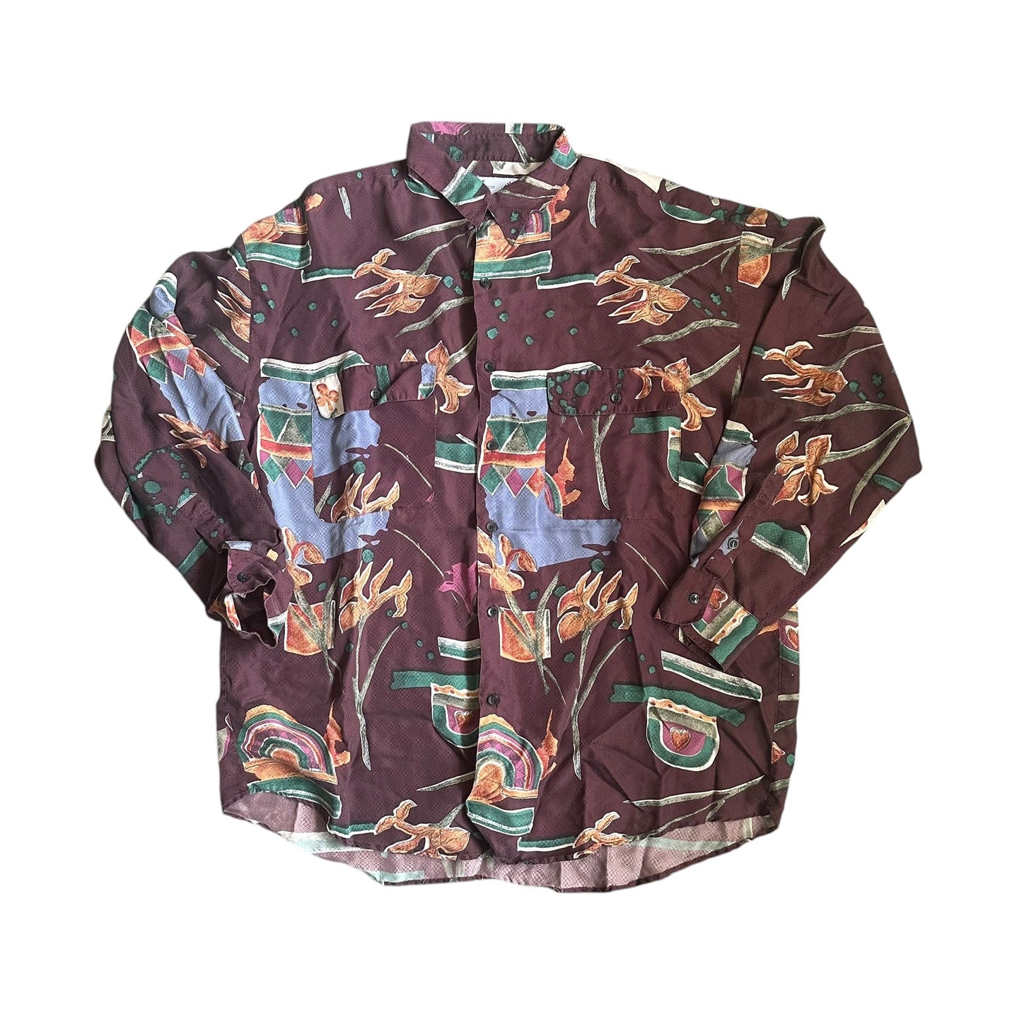 GOOUCH Vintage SILK Puce Button Down Shirt Abstract Print Long Sleeve 90s XL