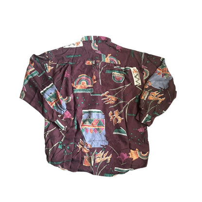 GOOUCH Vintage SILK Puce Button Down Shirt Abstract Print Long Sleeve 90s XL