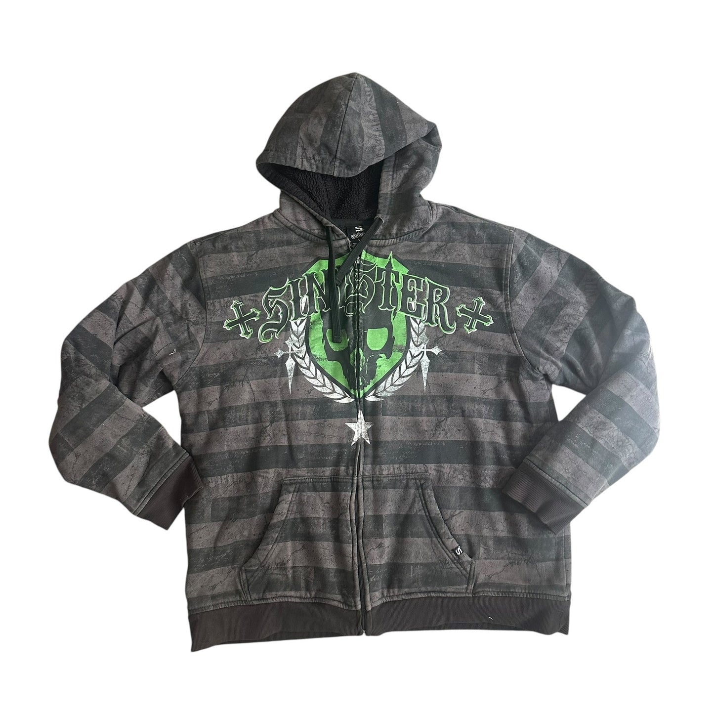 Vintage y2k Sinister Skull Green Grey Hoodie ZipUp Jacket Mens XL