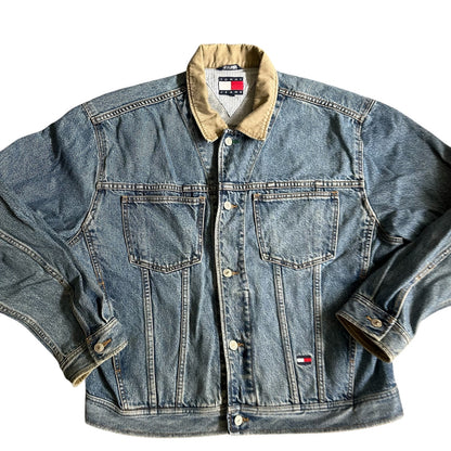 Vintage Tommy Hilfiger Jean Jacket Denim Raised Logo Back Mens Large 90s