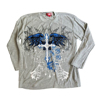 Akuma y2k 2000s Cross Wings Gray Thermal Sweater Mens Large