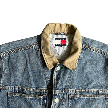 Vintage Tommy Hilfiger Jean Jacket Denim Raised Logo Back Mens Large 90s