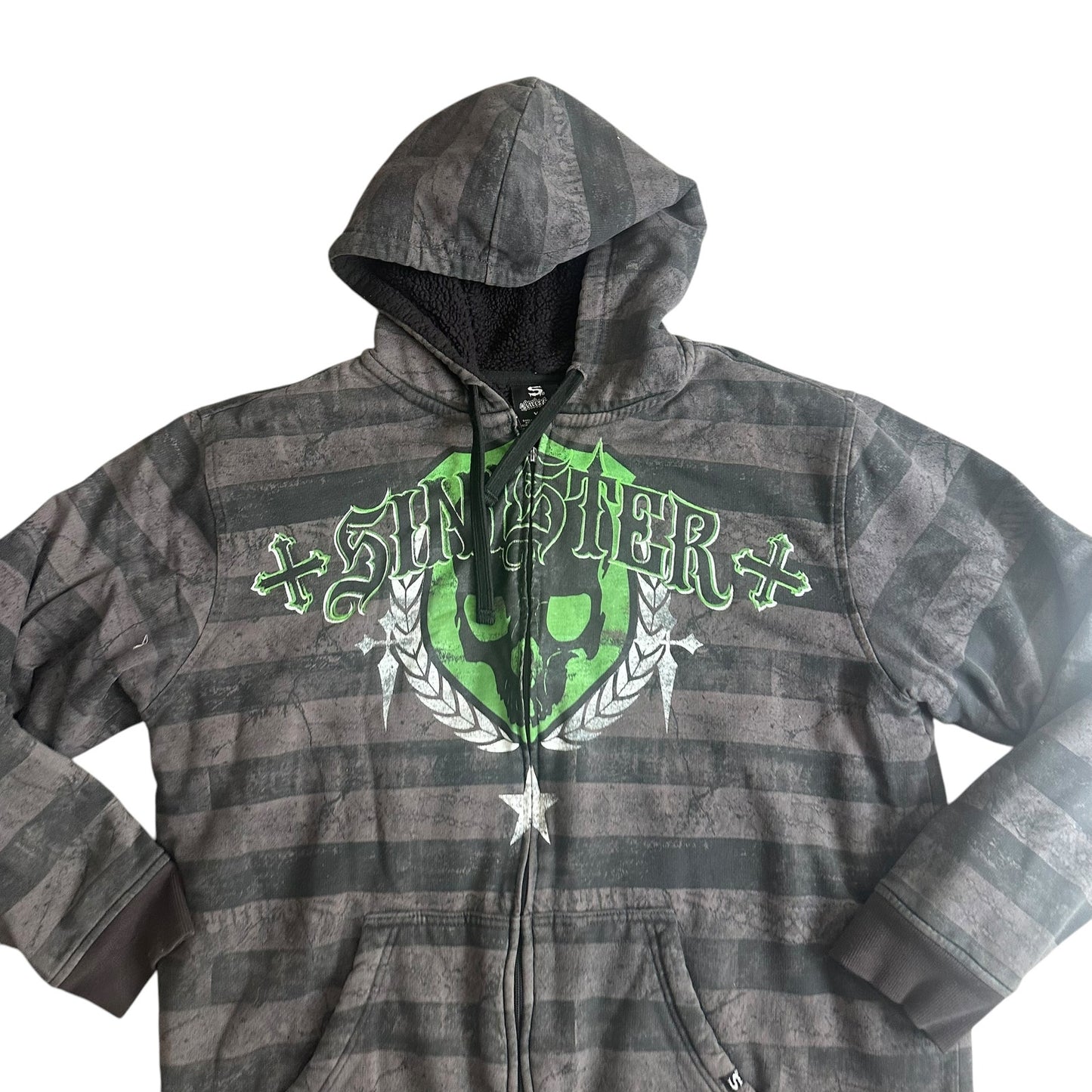 Vintage y2k Sinister Skull Green Grey Hoodie ZipUp Jacket Mens XL