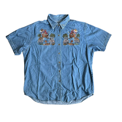 Vintage 90s Denim Shirt Noah's Ark Embroidered Button Up Mens Large