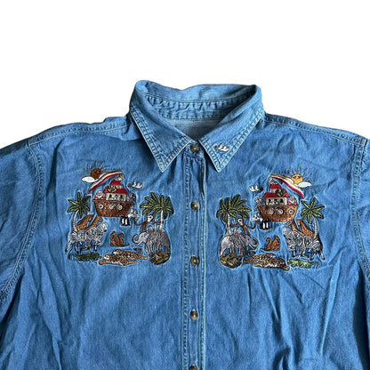 Vintage 90s Denim Shirt Noah's Ark Embroidered Button Up Mens Large