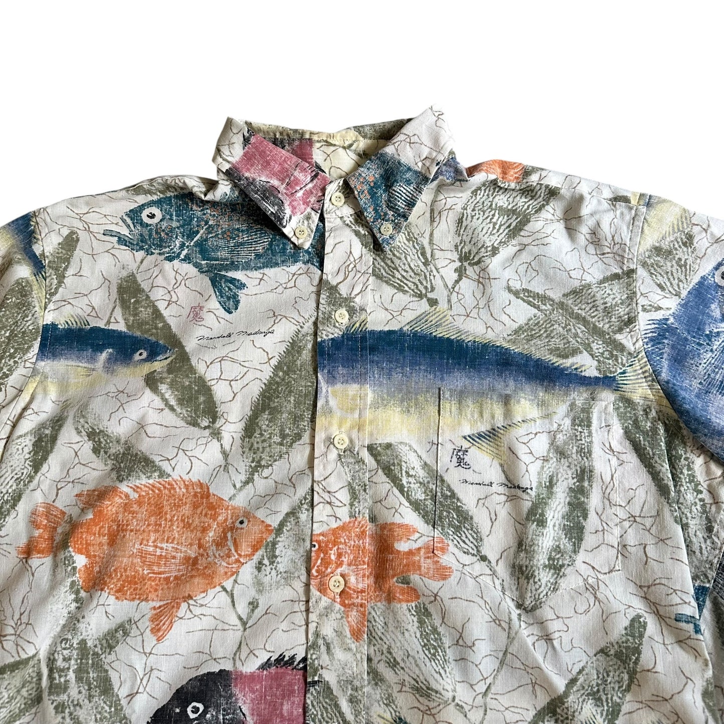 Reyn Spooner Casual Fish White Button Down AllOver Print Mens Medium