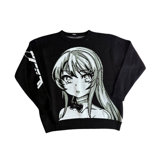 NRDN Anime Girl Knit Crewneck Sweater Black Large Mens