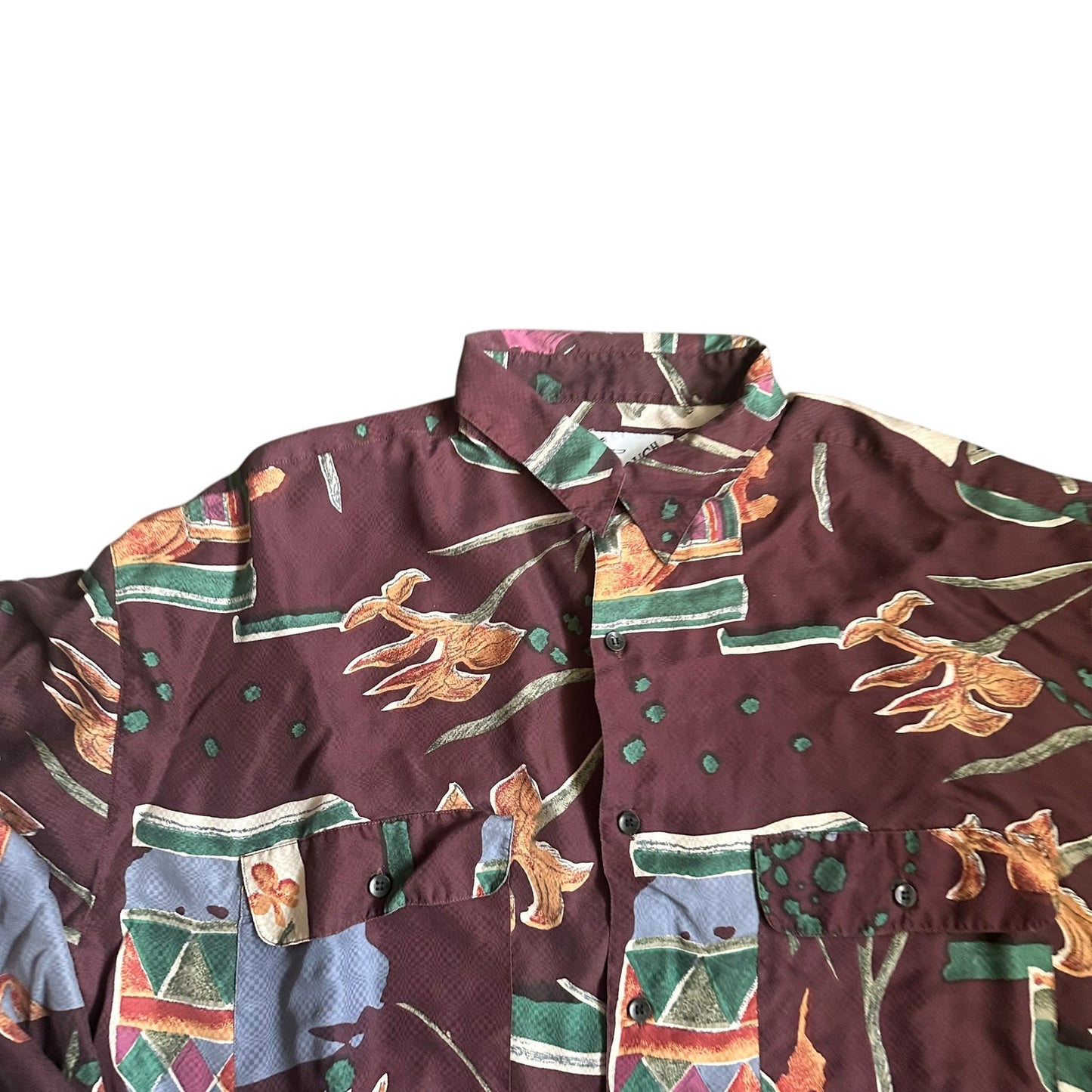 GOOUCH Vintage SILK Puce Button Down Shirt Abstract Print Long Sleeve 90s XL