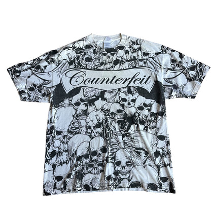 Vintage y2k COUNTERFEIT Skulls AOP T-Shirt Mens XL