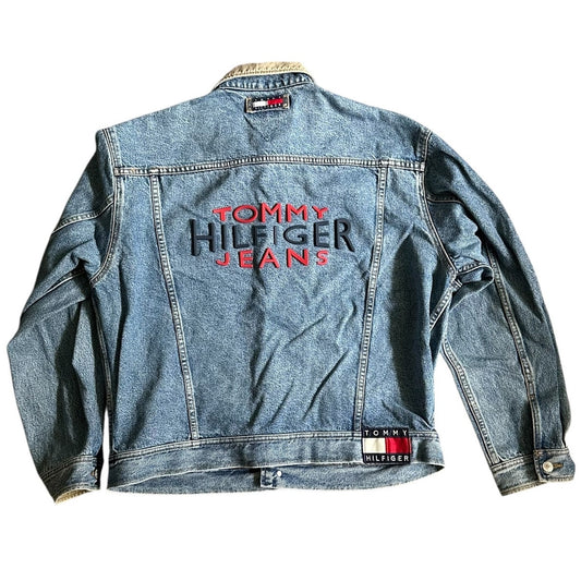 Vintage Tommy Hilfiger Jean Jacket Denim Raised Logo Back Mens Large 90s