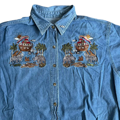 Vintage 90s Denim Shirt Noah's Ark Embroidered Button Up Mens Large