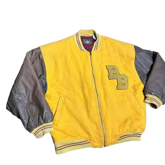 Vintage BugleBoy Yellow Leather Sleeve Letterman Jacket BB Mens Small